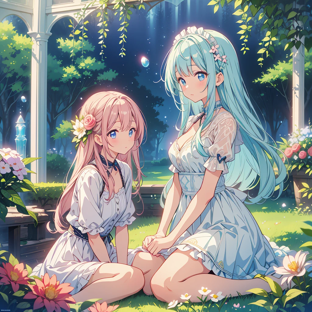 (high quality, 8k), (Soft Light), Iridescent, One Girl, Detailed face, Beautiful Eyes, watercolor paiting, So magical and dreamy, Dreamy details, Dreamy atmosphereとドラマ, Gorgeous atmosphere, Fantastic and beautiful lighting, Dreamy atmosphere, Beautiful atmosphere, Dreamy Romantic, Fantastic and dreamy theme, Magical atmosphere, Beautiful atmosphere, Anime Background Art, Magical atmosphere + Tabletop, Dreamy aesthetics, Beautiful details with atmosphere, Lots of flowers, bubble, water, garden, Sit on the ground, Shining Eyes