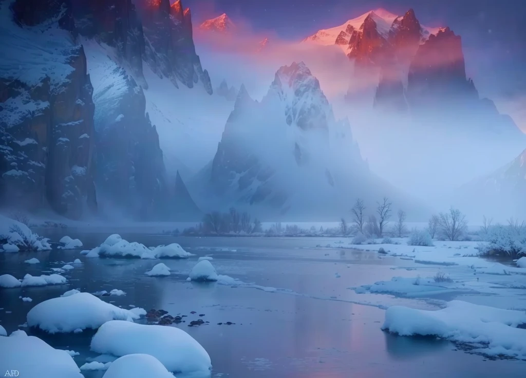 Mount Alaafed in the background,There is snow in the mountains,The foreground is water, Cold but beautiful, Mark Adams, Magnificent natural scenery, Warm and beautiful scene, Snow canyon at dawn, Mysterious environment, stunning nature in background, Beautiful wallpapers, Extremely beautiful and ethereal, In the icy river, Beautiful nature, ryan dyar, Cold fog, really Beautiful nature, Dramatic cold light