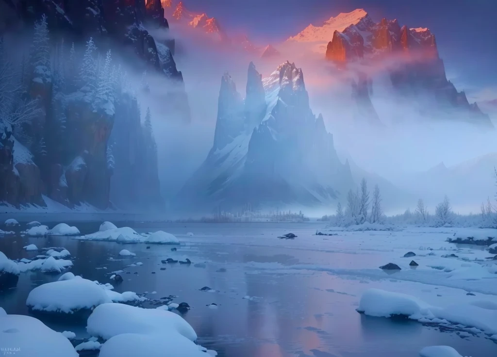 Mount Alaafed in the background,There is snow in the mountains,The foreground is water, Cold but beautiful, Mark Adams, Magnificent natural scenery, Warm and beautiful scene, Snow canyon at dawn, Mysterious environment, stunning nature in background, Beautiful wallpapers, Extremely beautiful and ethereal, In the icy river, Beautiful nature, ryan dyar, Cold fog, really Beautiful nature, Dramatic cold light