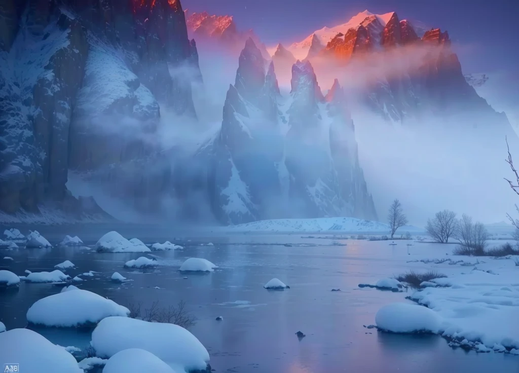 Mount Alaafed in the background，There is snow in the mountains，The foreground is water, Cold but beautiful, Mark Adams, Magnificent natural scenery, Warm and beautiful scene, Snow canyon at dawn, Mysterious environment, stunning nature in background, Beautiful wallpapers, Extremely beautiful and ethereal, In the icy river, Beautiful nature, ryan dyar, Cold fog, really Beautiful nature, Dramatic cold light