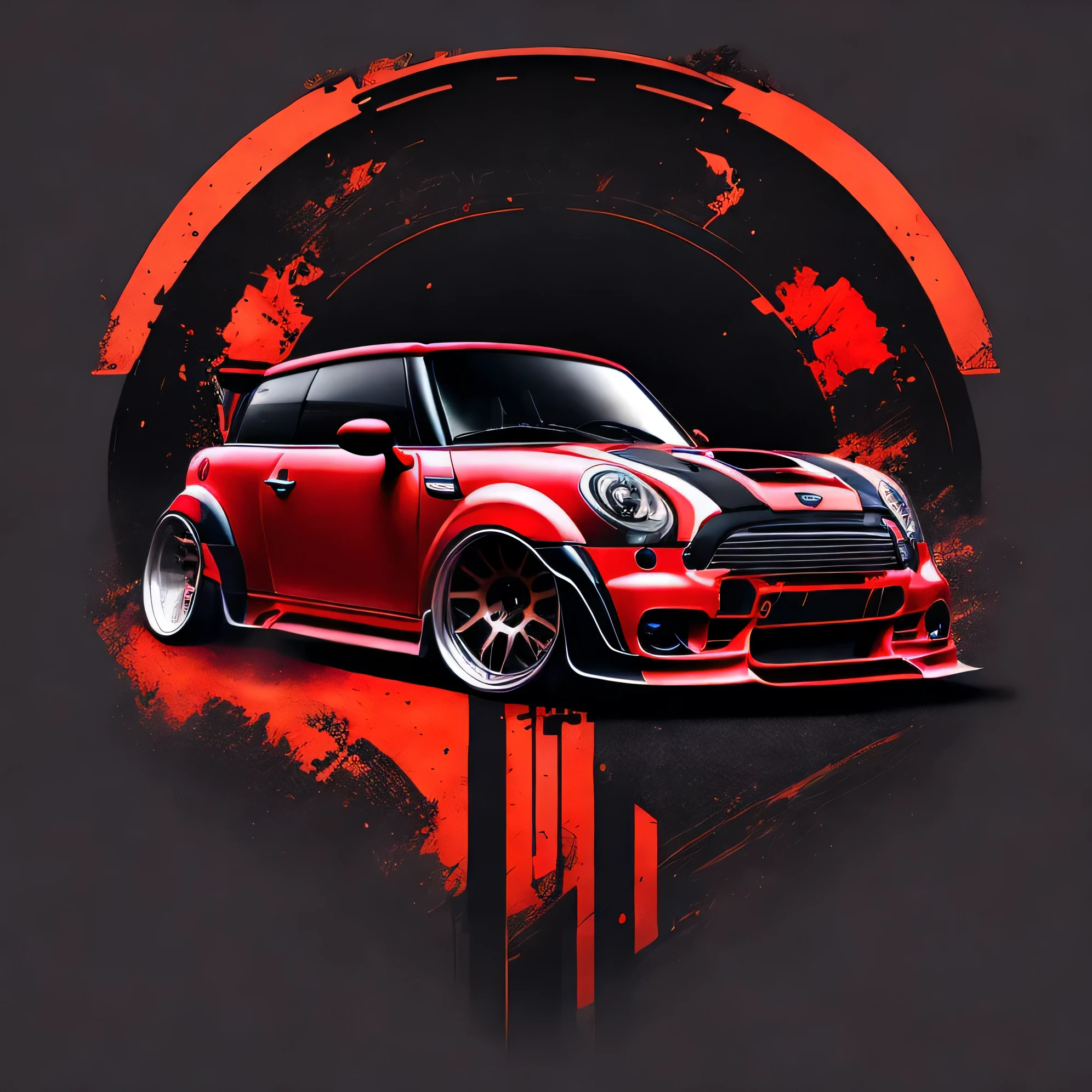 Zephyr Designz circlular splash style Artwork for t-shirt graphic design a race inspired graphic design front profile shot R56 JCW Mini Cooper S red colour scheme, Zephyr Designz carbon fibre body kit design, Liberty walk ultra wide body kit, aggressive stance background: racetrack, outside old industrial style building, large windows in background, bright sky, heavy industrial look, 8K quality, realistic, realism, sharp, detailed, ultrawide, ,epic ultra wide body kit, super low stance, aggressive looks , vector image, t shirt design circular faded edges