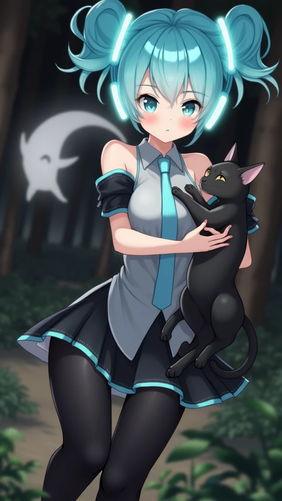 Anime art, anime style, detailed drawing, beautiful forest background background, high definition, high quality, one girl, solo, Hatsune Miku, aqua hair, twin tails, headphones, number tattoo "01" (red, located on her right hand), grey sleeveless collared shirt, black detached sleeves with aqua lines, five fingers with aqua nails, aqua necktie, black pleated mini skirt with aqua lines, zettai ryouiki, thigh-high black boots with aqua lines.

Get example from this image: https://vocaloidespanol.fandom.com/es/wiki/Hatsune_Miku?file=Hatsune_Miku.png

Miku Hatsune hugging a black cat in the night; there is ghost following her behind