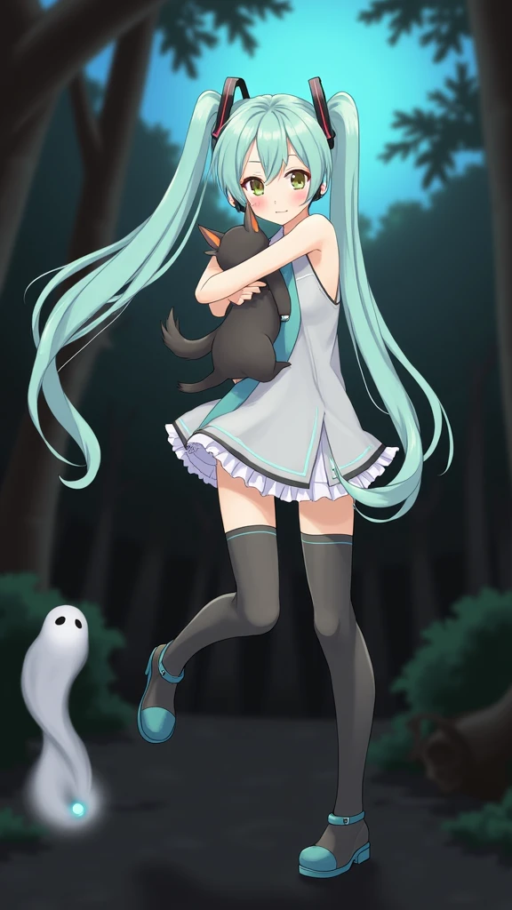 Anime art, anime style, detailed drawing, beautiful forest background background, high definition, high quality, one girl, solo, Hatsune Miku, aqua hair, twin tails, headphones, number tattoo "01" (red, located on her right hand), grey sleeveless collared shirt, black detached sleeves with aqua lines, five fingers with aqua nails, aqua necktie, black pleated mini skirt with aqua lines, zettai ryouiki, thigh-high black boots with aqua lines.
Get example from this image: https://vocaloidespanol.fandom.com/es/wiki/Hatsune_Miku?file=Hatsune_Miku.png
Miku Hatsune hugging a black cat in the night; there is ghost following her behind