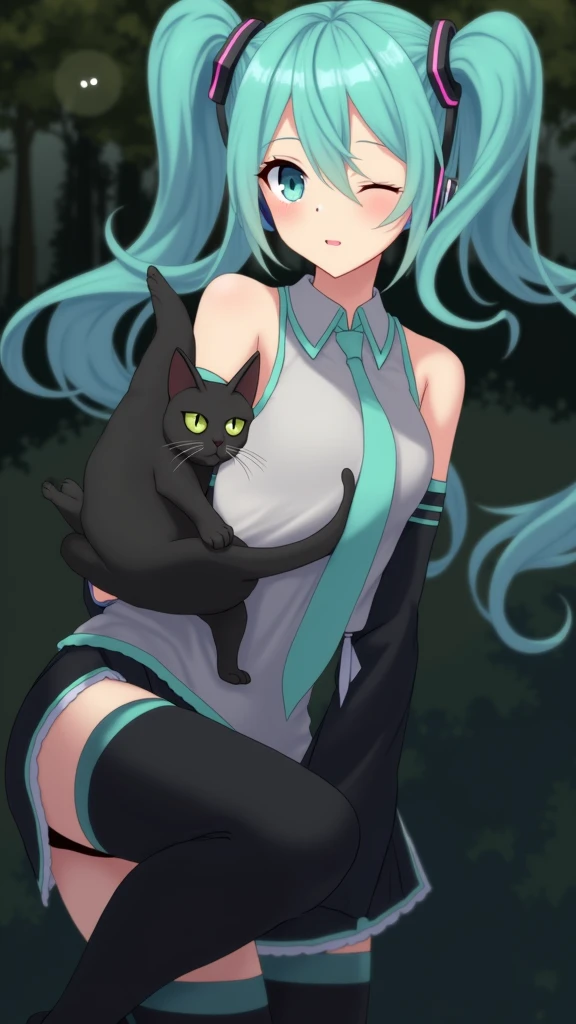 Anime art, anime style, detailed drawing, beautiful forest background background, high definition, high quality, one girl, solo, Hatsune Miku, aqua hair, twin tails, headphones, number tattoo "01" (red, located on her right hand), grey sleeveless collared shirt, black detached sleeves with aqua lines, five fingers with aqua nails, aqua necktie, black pleated mini skirt with aqua lines, zettai ryouiki, thigh-high black boots with aqua lines.
Get example from this image: https://vocaloidespanol.fandom.com/es/wiki/Hatsune_Miku?file=Hatsune_Miku.png
Miku Hatsune hugging a black cat in the night; there is ghost following her behind