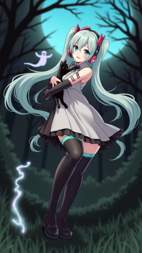 Anime art, anime style, detailed drawing, beautiful forest background background, high definition, high quality, one girl, solo, Hatsune Miku, aqua hair, twin tails, headphones, number tattoo "01" (red, located on her right hand), grey sleeveless collared shirt, black detached sleeves with aqua lines, five fingers with aqua nails, aqua necktie, black pleated mini skirt with aqua lines, zettai ryouiki, thigh-high black boots with aqua lines.
Get example from this image: https://vocaloidespanol.fandom.com/es/wiki/Hatsune_Miku?file=Hatsune_Miku.png
Miku Hatsune hugging a black cat in the night; there is ghost following her behind