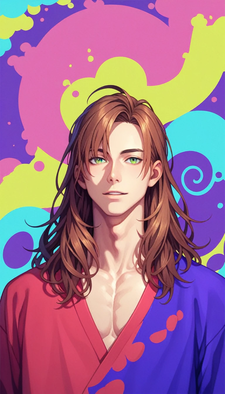 Anime Style, male, Reddish brown hair, Green Eyes, Sharp Eyes, Long Hair, Calm. wise, Neon purple graffiti background, Utopian City, Surrealism, Expressionism, Anime Style, Cast a Shadow, Film Grain, Vignetting, silhouette, 1080P, Anatomically correct