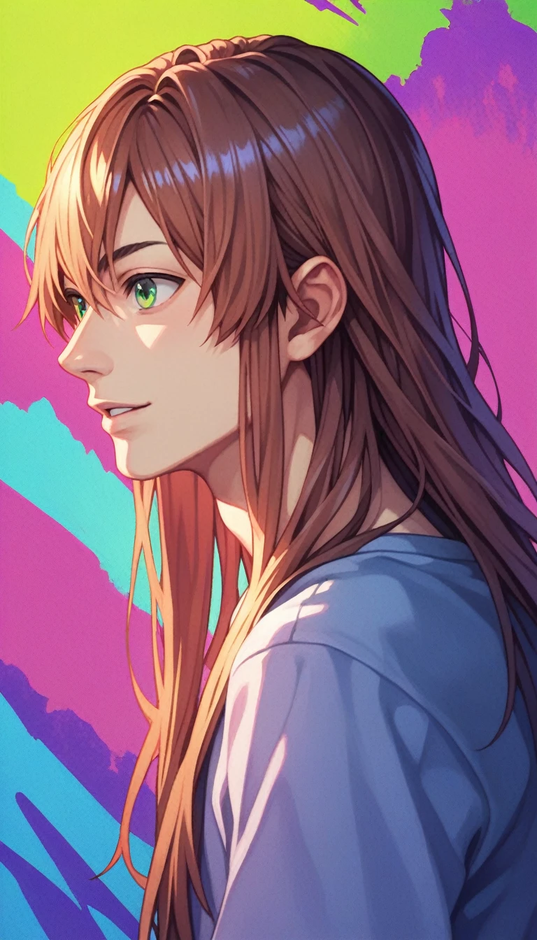 Anime Style, male, Reddish brown hair, Green Eyes, Sharp Eyes, Long Hair, Calm. wise, Neon purple graffiti background, Utopian City, Surrealism, Expressionism, Anime Style, Cast a Shadow, Film Grain, Vignetting, silhouette, 1080P, Anatomically correct