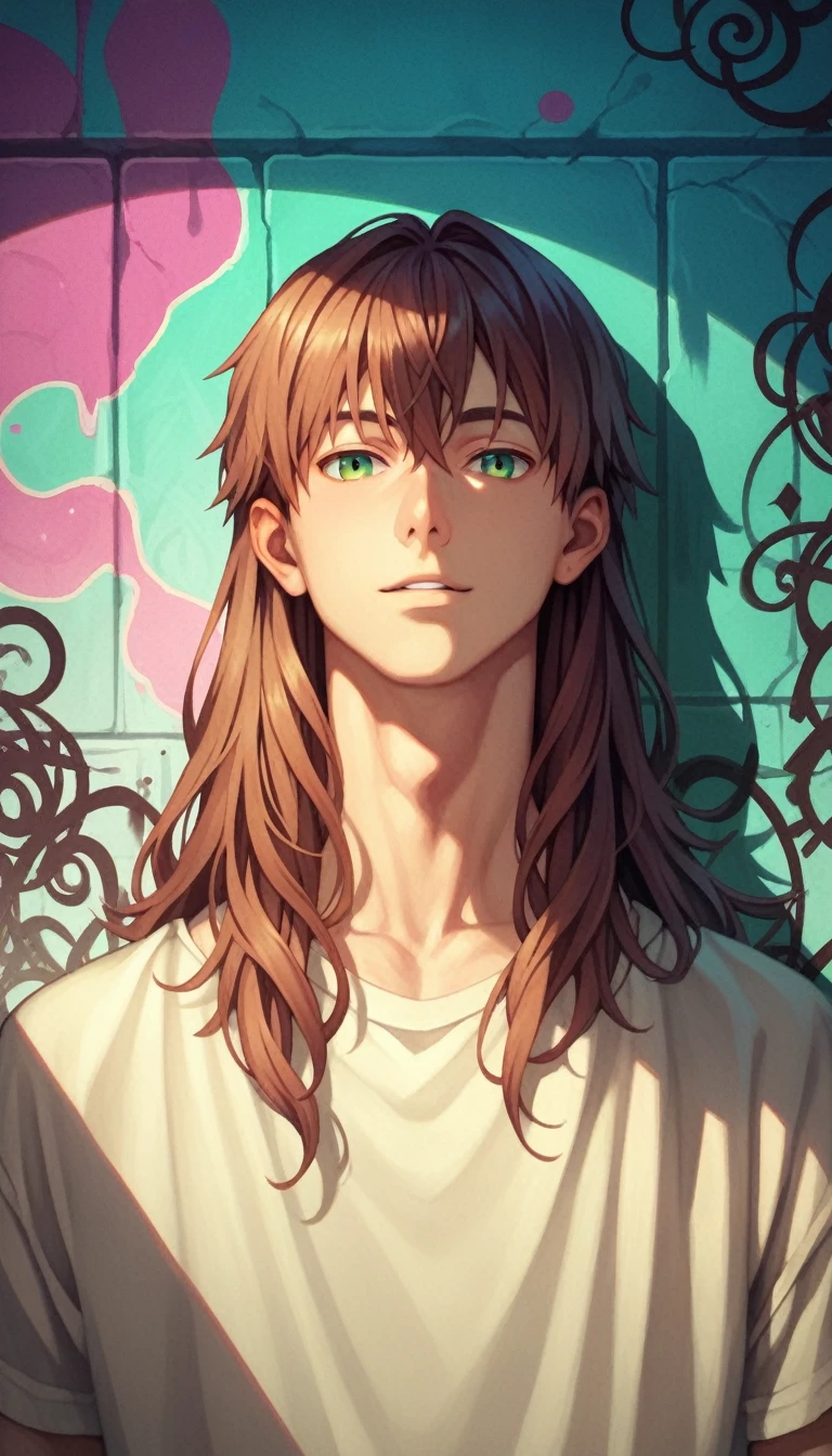 Anime Style, male, Reddish brown hair, Green Eyes, Sharp Eyes, Long Hair, Calm. wise, Neon purple graffiti background, Utopian City, Surrealism, Expressionism, Anime Style, Cast a Shadow, Film Grain, Vignetting, silhouette, 1080P, Anatomically correct