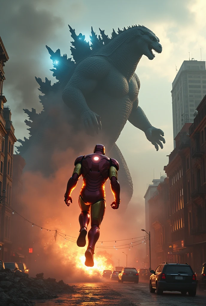 Iron man fighting with Godzilla
