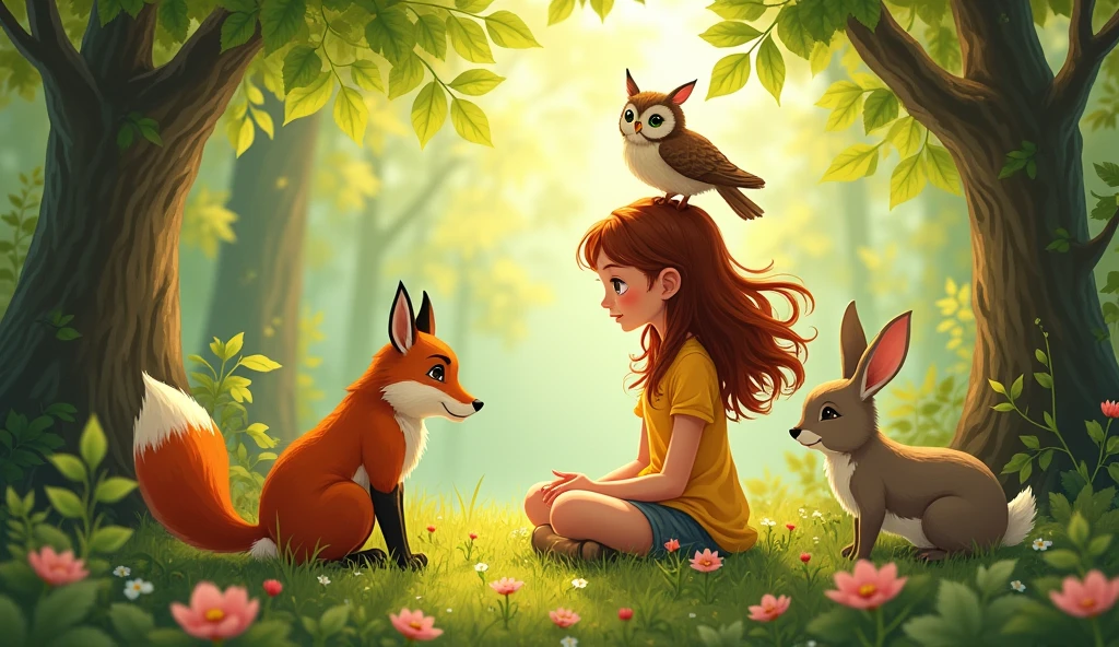 Lily sitting with forest creatures, having a heartfelt conversation. The scene reflects cooperation and understanding, with a warm and glowing atmosphere symbolizing the lesson learned.
Use the same girl from the previous photo.