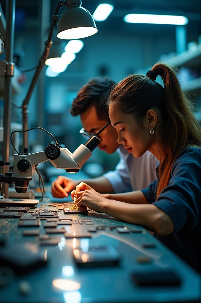 A mobile phone technician from Indonesia working with a microscope, accompanied by a beautiful and sexy woman.