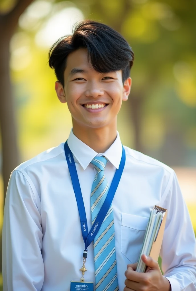 (Masterpiece),(complication:1.3),(The most realistic),((not revealing or provocative)),(Dress appropriately and neatly.),(A student), Portrait of a man, 18 years old, beautiful face, Handsome Thai face ,black hair,smiling and happy, holding a notebook, Thai person ((wearing a white long-sleeved collared shirt)), (Wear a blue lanyard with white lettering that says "kalasin Vacational School"),(The tie in the picture is light blue with a pattern of diagonal, darker stripes alternating. It is tied around a white shirt with a left pocket.), Dressed simply,warm light, weak sunlight, Photo shows only half of the body ,professional photographer for detailed photos, Have clarity, dramatic, Awarded first prize, Cinematic lighting, (film grain,A blurry background, Blurred background, bokeh, depth of fied),(Children under 18 years old can watch.)