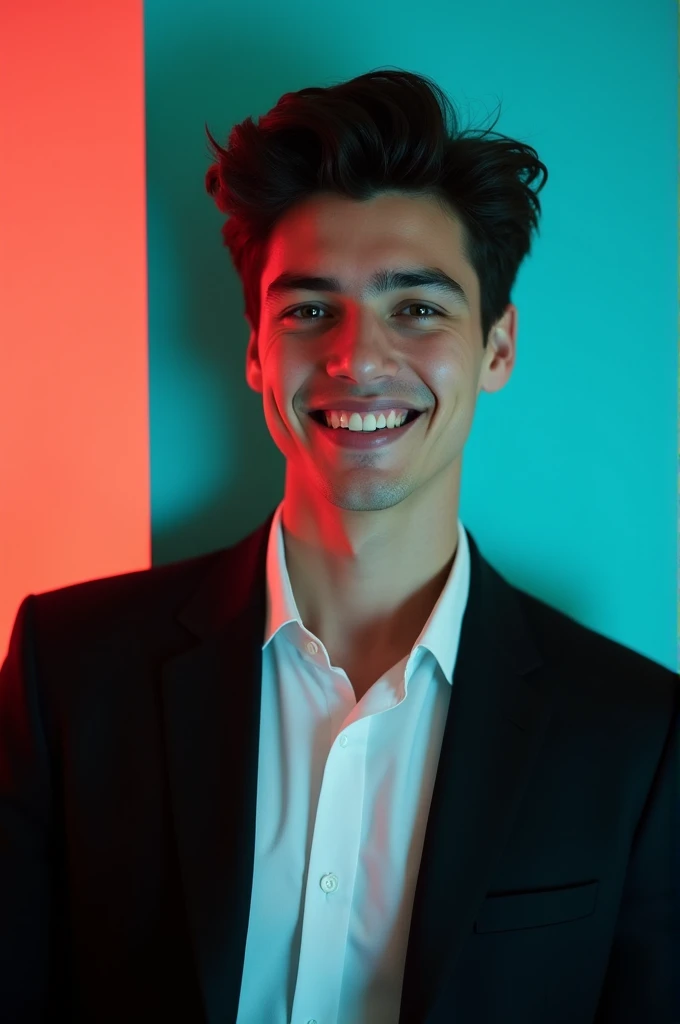 A young man with dark hair and a confident smile He is dressed in a black blazer over a white shirt. The man is positioned against aqua colour backrop with a subtle red lighting on the left side. and he posing for Linkedin profile
