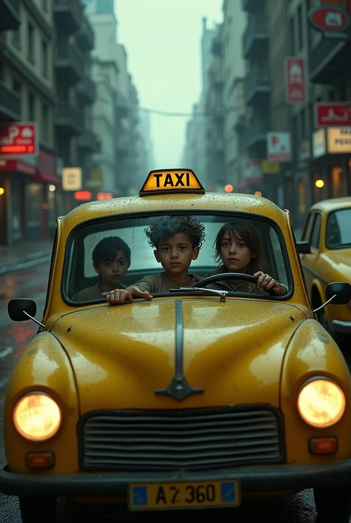 A boy driving a taxi and a boy as a passenger, but in the back seat behind the passenger there is a girl who is kidnapped. The girl asks for help but the driver tells her to shut up.