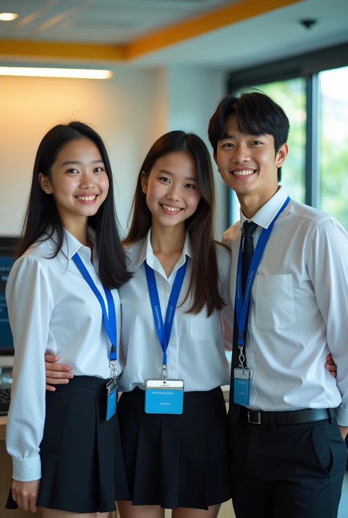 (Masterpiece),(complication:1.3),(realistic),The image is very complex,Image of 3 men and women,smile happily,คนที่1 ภาพเหมือนของหญิงสาว18 years old,Thai face,The most beautiful in the world,long black hair,(White long-sleeved shirt, black short skirt, blue tie),Person 2, portrait of a young woman,Age 15-17,Half Thai-British face,The most beautiful in the world,short golden hair,(White long-sleeved shirt, black short skirt, blue tie),The third picture is a portrait of a man.,18 years old, Thai face,The most handsome in the world,black hair, (White long-sleeved shirt, black slacks, blue tie),Everyone is wearing a blue student ID lanyard,(In the computer room),แสงแดดอ่อนมภาพถ่ายมืออาชีพของผู้หญิงที่Amazingอย่างละเอรยด,ภาพถ่ายมืออาชีพของผู้ชายที่Amazingอย่างละเอียด,focus,Amazing,Awarded the best photographer in the world,Cinematic lighting,Octane makes the engine not real volume dtx,Computer background,Horizontal image,(Firm physique,blurred background,The foreground is blurry.,Bokeh,depth of field,Blurred motion:1.3)