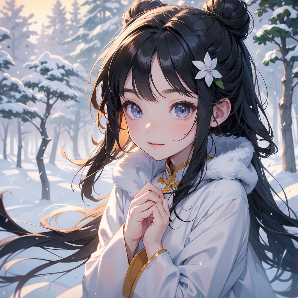 A chibi child girl had a small face and Wearing green little Taoist priest's outfit. A pair of big round eyes shone with curiosity about him. This child was so cute! , raindrops are falling down, her hair is black with two buns on her hair.small chibi, chibi baby, smiling.
The little chibi baby looked up with his chest raised, and his face was old and proud.
Amidst the white snowy atmosphere, the snow is falling lightly, the trees are covered with white snow, sunset. Close up.