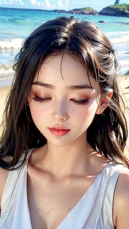 Hawaiian Wakiki Beach, Sleeveless dress, ((Highest quality, 8k, masterpiece: 1.3))), Clear focus: 1.2, (Layered Cut, big: 1.2), Perfect body beauty: 1.4, Slim Abs: 1.2, Wet body: 1.5, Highly detailed face and skin texture, close your eyes, double eyelid, Messy hairstyle, Simple Makeup,