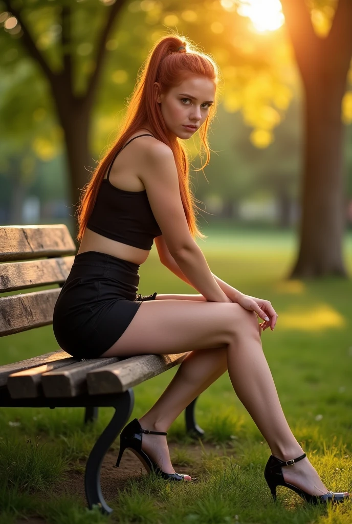 A beautiful 18-year-old girl with long red hair sits in the evening sun on a park bench in a large park. Her hair is tied back in a ponytail. The girl is wearing a tight black miniskirt. Your very large breasts are very visible through a bra.. The high heels on her feet are very dominant.best qualiät. blurred background. photorealestic.