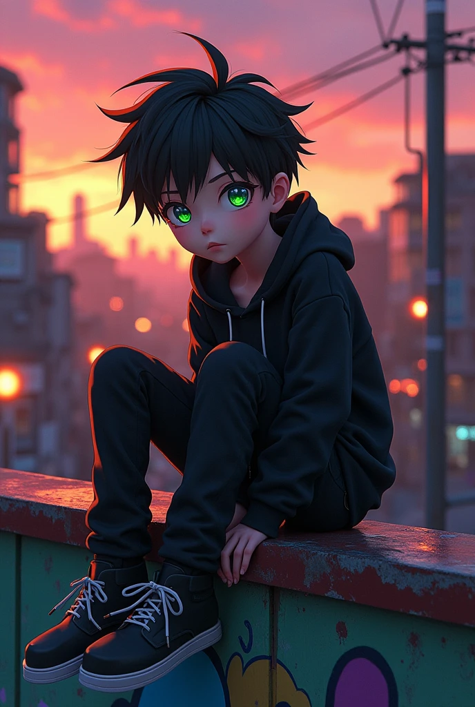 Mittigina oq sochli yashil kozli yigitcha zerikib otiribti ustida qora kiyim anime 3 d