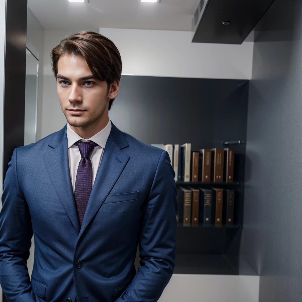 make a super handsome man who is in his late 20s he has a strict CEO look on his face wears a nice suit,has blue pretty eyes,is tall and has a big and very nice built