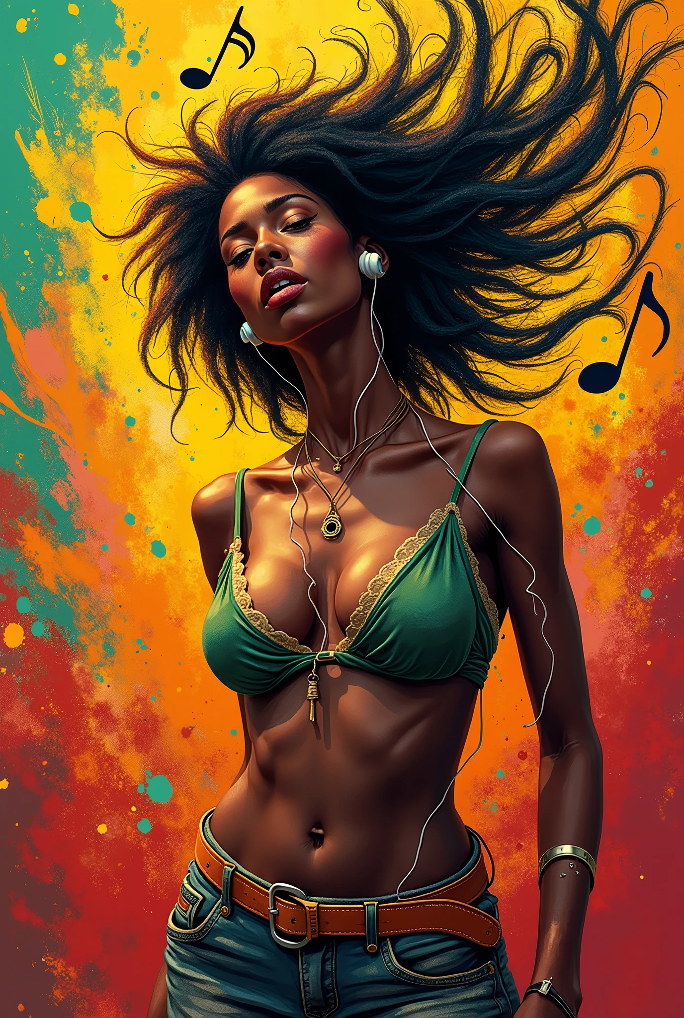 black musical notes.  listening to music, earbuds, black musical notes, sons, ripples, abstract Surrealism, [paint splash:0.4], color explosion , hair fading into the background colors, dazzling hyperrealism, appealing, animated cartoon, a matte painting detailed by Nathan Coley , [:anime line art:0.2], Somatic, epic art , hudson river school, , Surrealism, (Outstanding, better aesthetics, nya, nyaest, best qualityer, work of art:1.2),  vectorial art, With a lot of Jamaican reggae, woman with big breasts, thin thighs and wide, Authentic Jamaican Reggae Music Atmosphere，colorful illustrations, At the center, swirly vibrant colors, paint splashes and smears, high détail,
