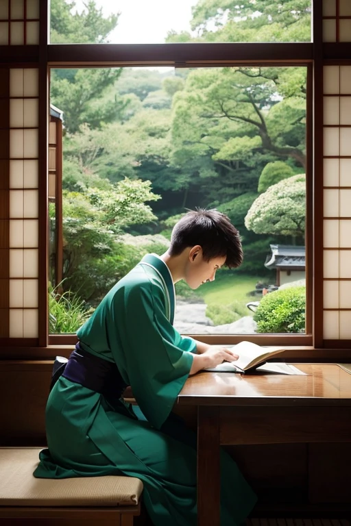 A boy around 18 years old in a kimono、Japanese-style room、Window、Outside the window is a deep green forest、Windowに座卓、An old book half-read on a low table