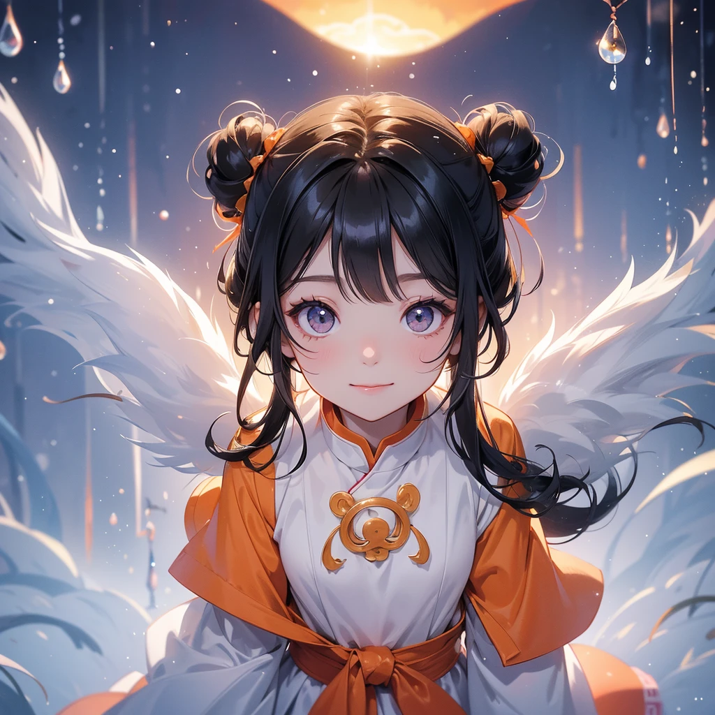 A chibi child girl had a small face and Wearing orange little Taoist priest's outfit. A pair of big round eyes shone with curiosity about him. This child was so cute! , raindrops are falling down, her hair is black with two buns on her hair.small chibi, chibi baby, smiling.
The little chibi baby looked up with his chest raised, and his face was old and proud.
Amidst the white snowy atmosphere, the snow is falling lightly, the trees are covered with white snow, sunset. Close up.