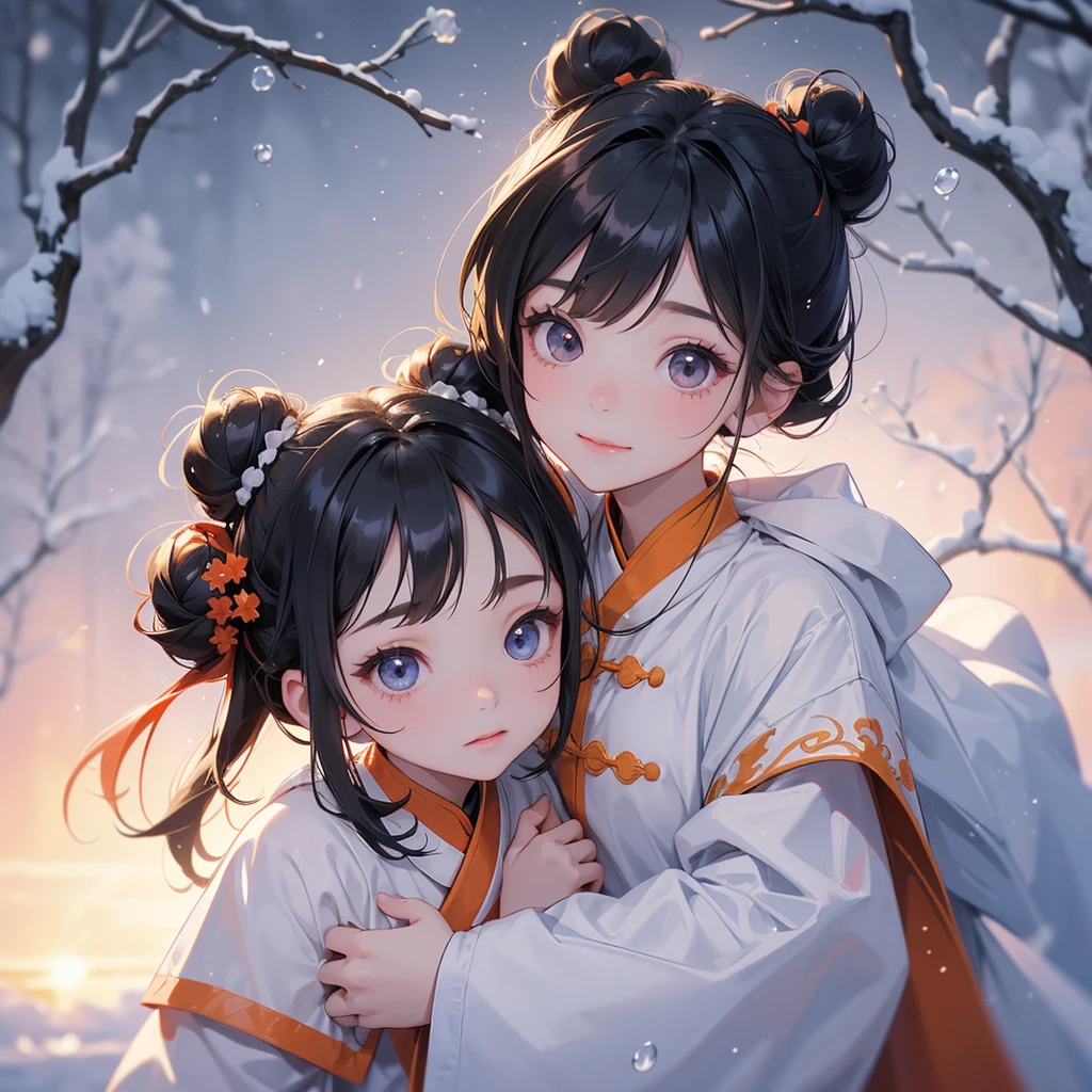 A chibi child girl had a small face and Wearing orange little Taoist priest's outfit. A pair of big round eyes shone with curiosity about him. This child was so cute! , raindrops are falling down, her hair is black with two buns on her hair.small chibi, chibi baby, smiling.

The little chibi baby looked up with his chest raised, and his face was old and proud.

Amidst the white snowy atmosphere, the snow is falling lightly, the trees are covered with white snow, sunset. Close up.


