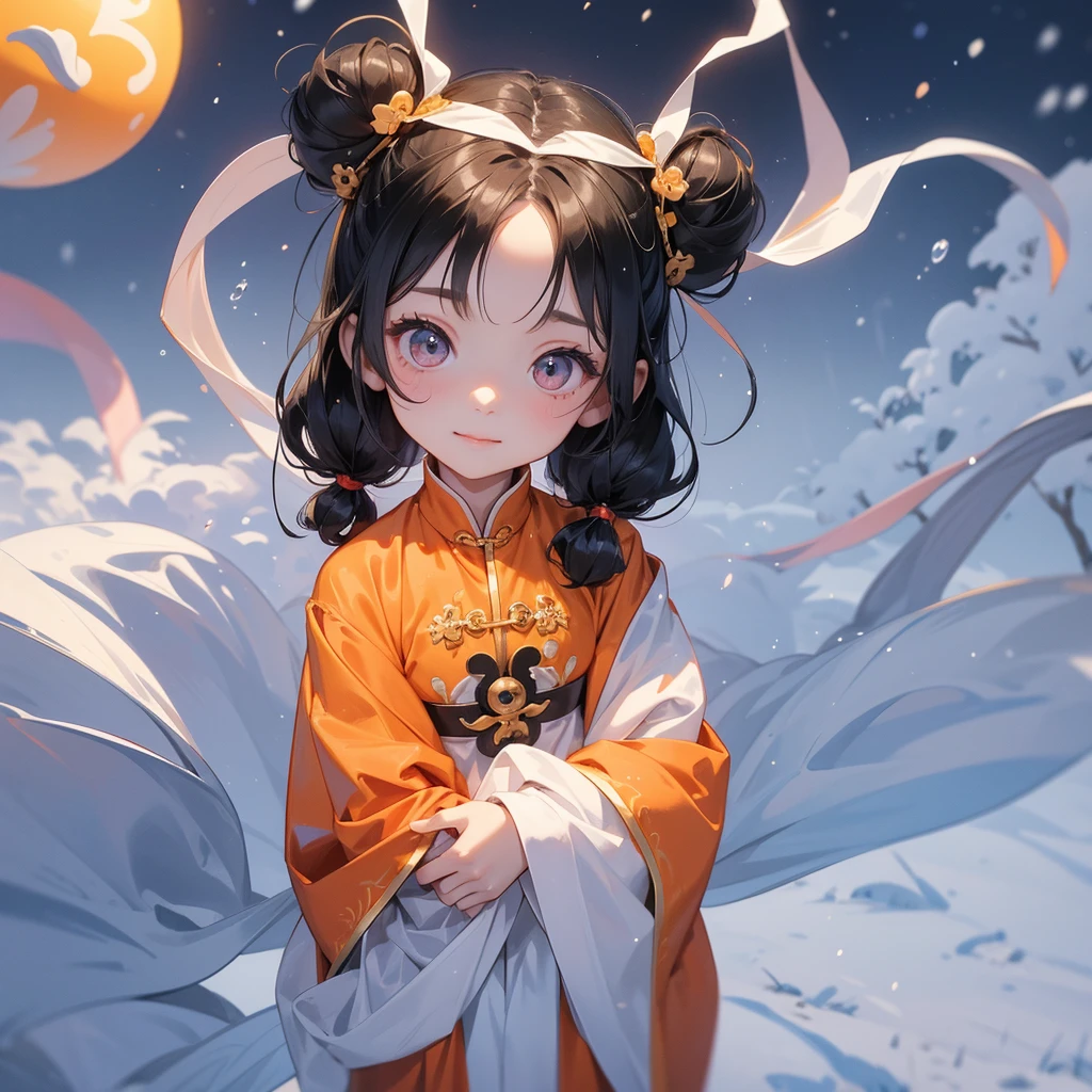 A chibi child girl had a small face and Wearing orange little Taoist priest's outfit. A pair of big round eyes shone with curiosity about him. This child was so cute! , raindrops are falling down, her hair is black with two buns on her hair.small chibi, chibi baby, smiling.
The little chibi baby looked up with his chest raised, and his face was old and proud.
Amidst the white snowy atmosphere, the snow is falling lightly, the trees are covered with white snow, sunset. Close up.