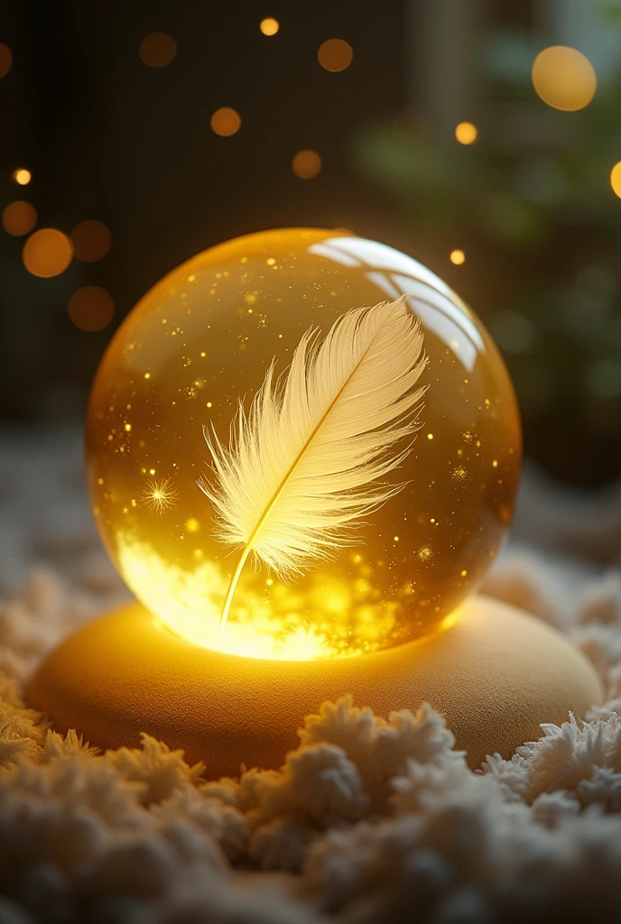 Yellow sphere marble with a feather inside of it