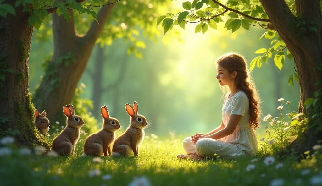 Lily sitting with forest creatures, having a heartfelt conversation. The scene reflects cooperation and understanding, with a warm and glowing atmosphere symbolizing the lesson learned.
The girl's dress should be a simple white frock