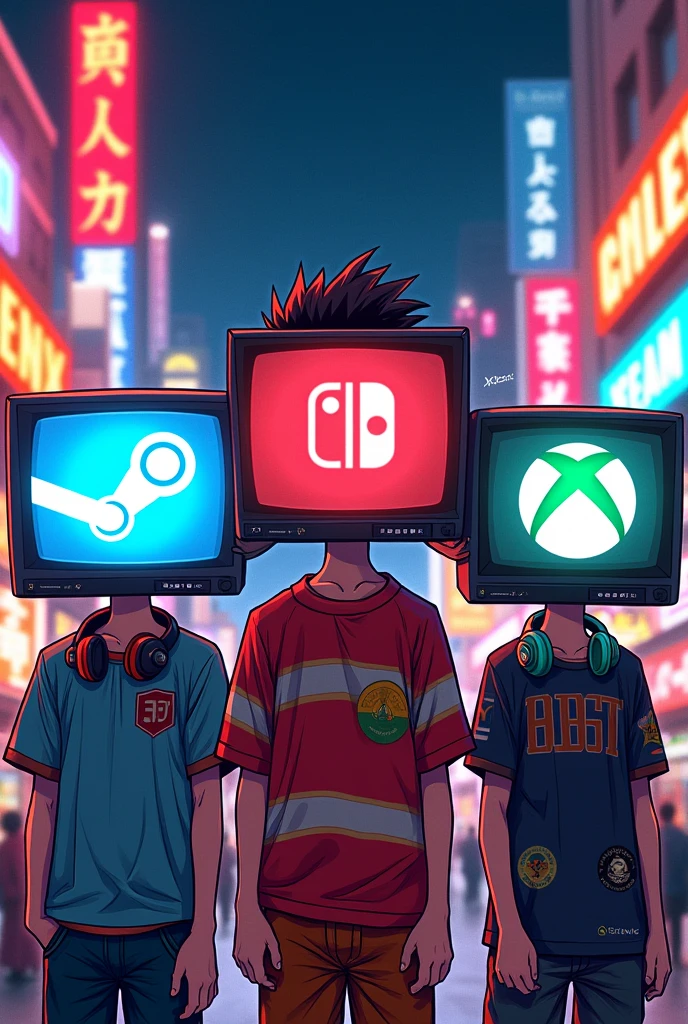 Boys with TV-shaped heads with the Nintendo Logo, Steam logo, Playstation logo, Xbox version logo manga