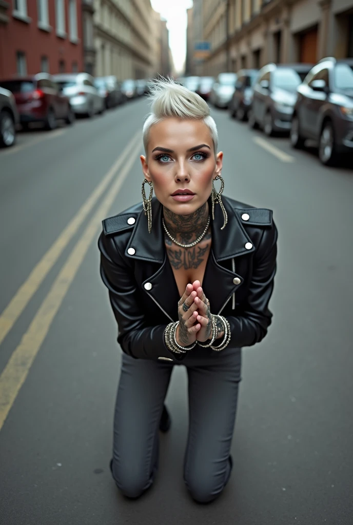 russian milf woman, platinum blonde hair, shaved, with very light blue eyes, extremely pale. Wearing cropped black moto jacket, black bra, dark grey jeans and pointy Chelsea boots with cuban heels . Lots of metallic bracelets and collars. Tacky leather belt with oversized buckle. Wide loop earrings. Kneeling in a payer, looking up, chin up, eyes and mouth wide open in amazement. Hands in prayer position .Looking at the camera in amazement,  toned abdominals, thin legs and thin arms. tattoed. Tongue out