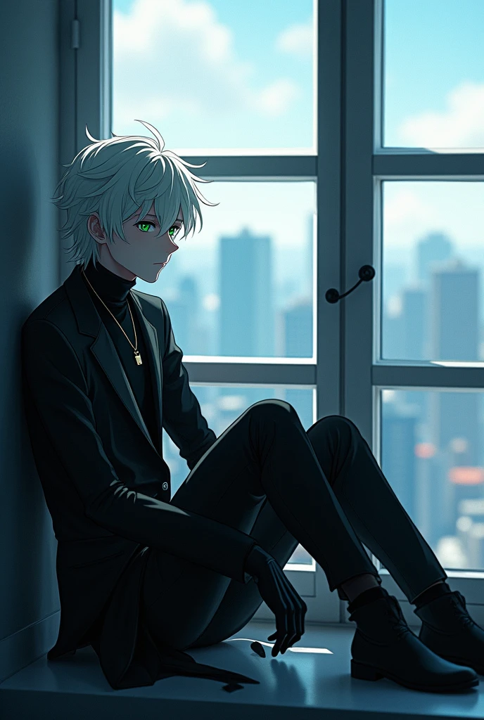 A young man with white hair and green eyes is sitting by the window, bored, wearing black clothes, anime 3d