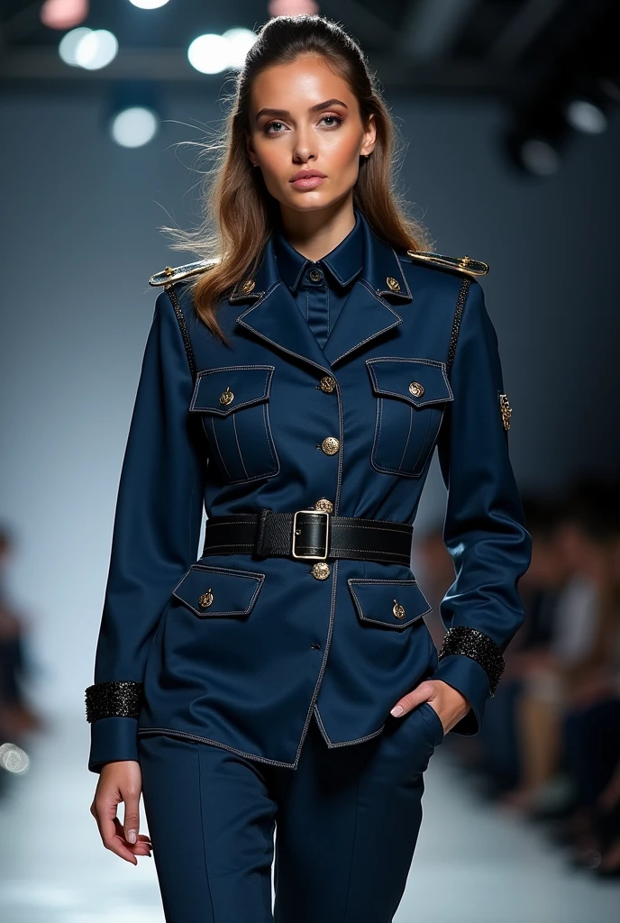 wearing milf navy camouflage uniform in full body realistic style fashion show