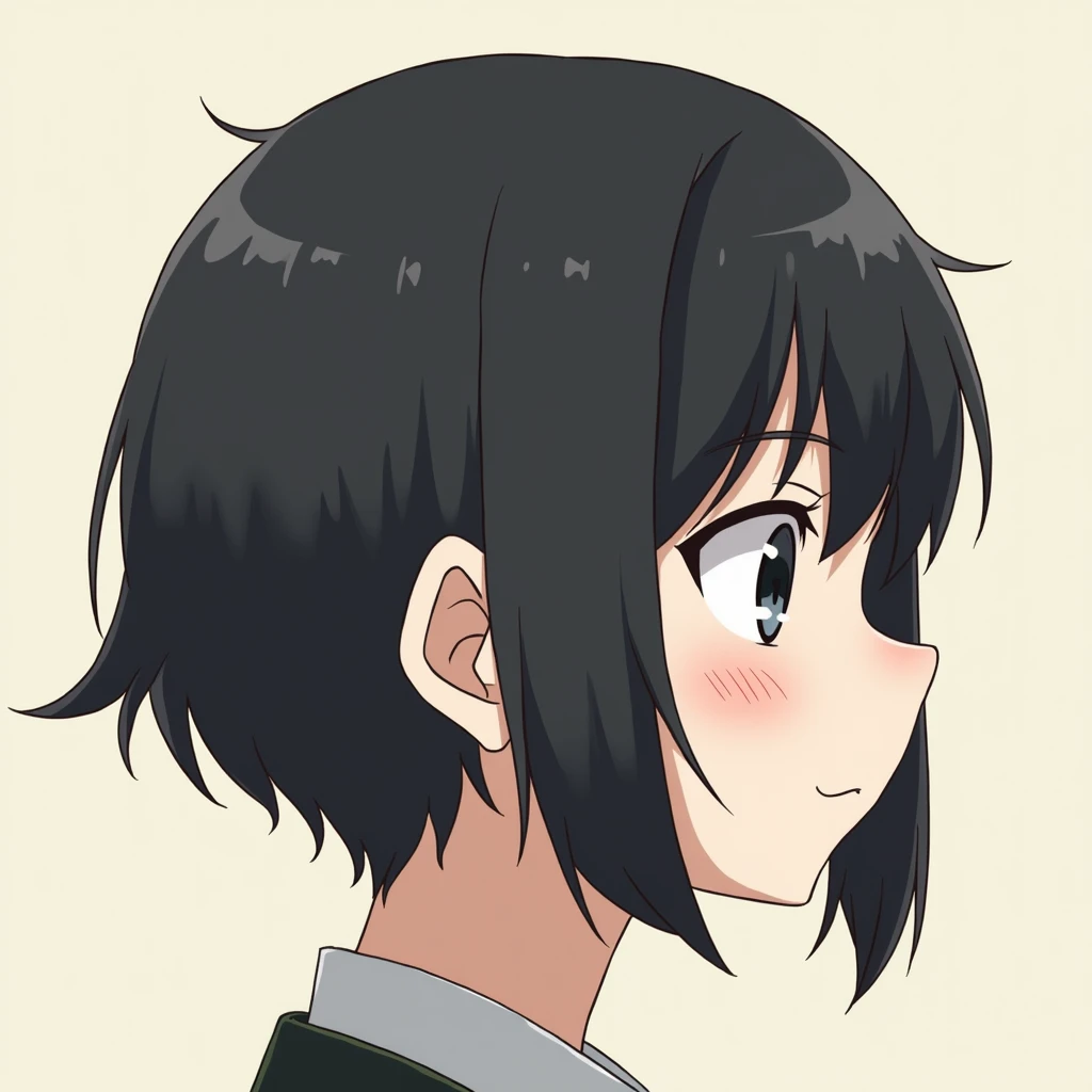 Anime style, the hair on the sides is long enough to reach the ears, and the back is cut short along the base of the neck.、The back of the head has a slight step down to the nape of the neck、The overall silhouette is rounded, black hair, fair complexion with slightly dark eyes