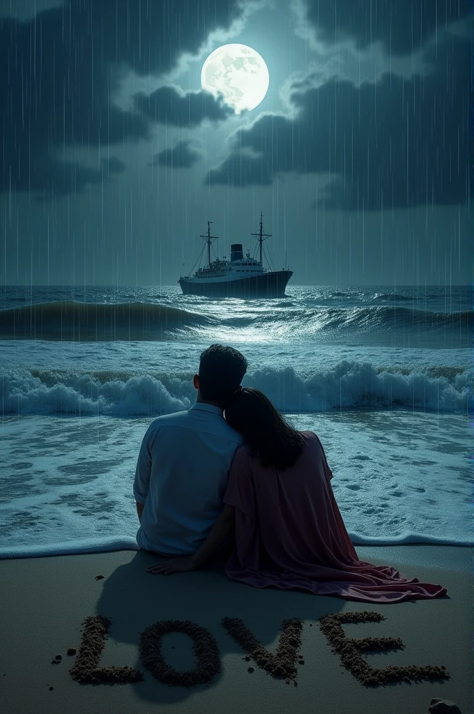 The couple are sitting on the banks of the sea and wind is moving fast and the girl's head is resting on the boy's shoulder and written girl name TALHA AQSA in sand and it is midnight and it is raining heavily and the moon and stars are there and there is a big boat in the middle of the sea
