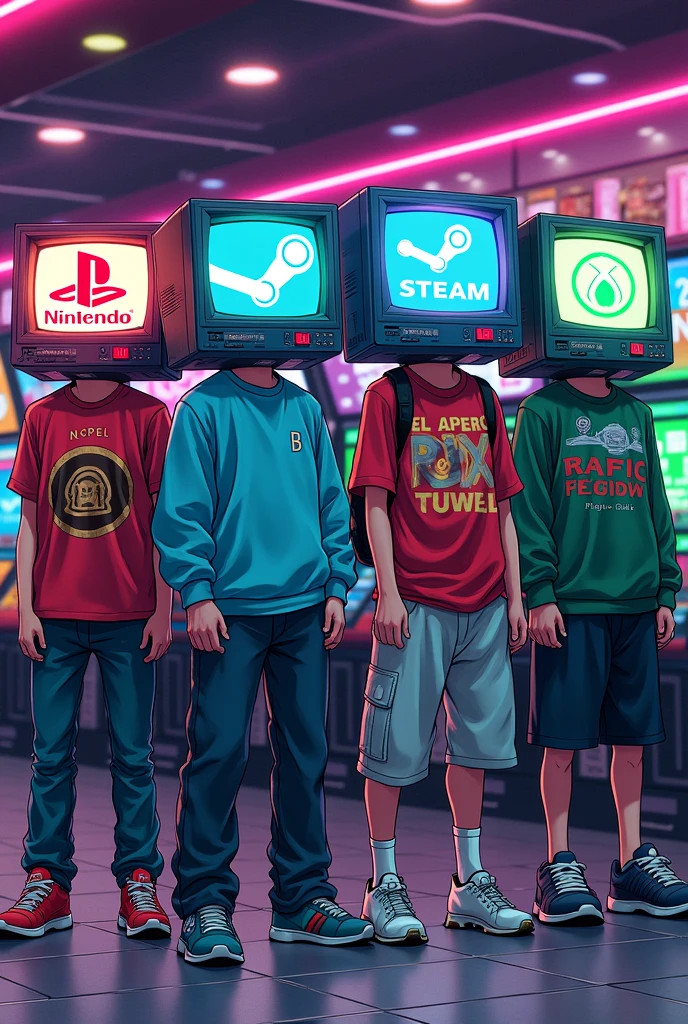 Boys with TV-shaped heads with the Nintendo Logo, Steam logo, Playstation logo, Xbox version logo manga