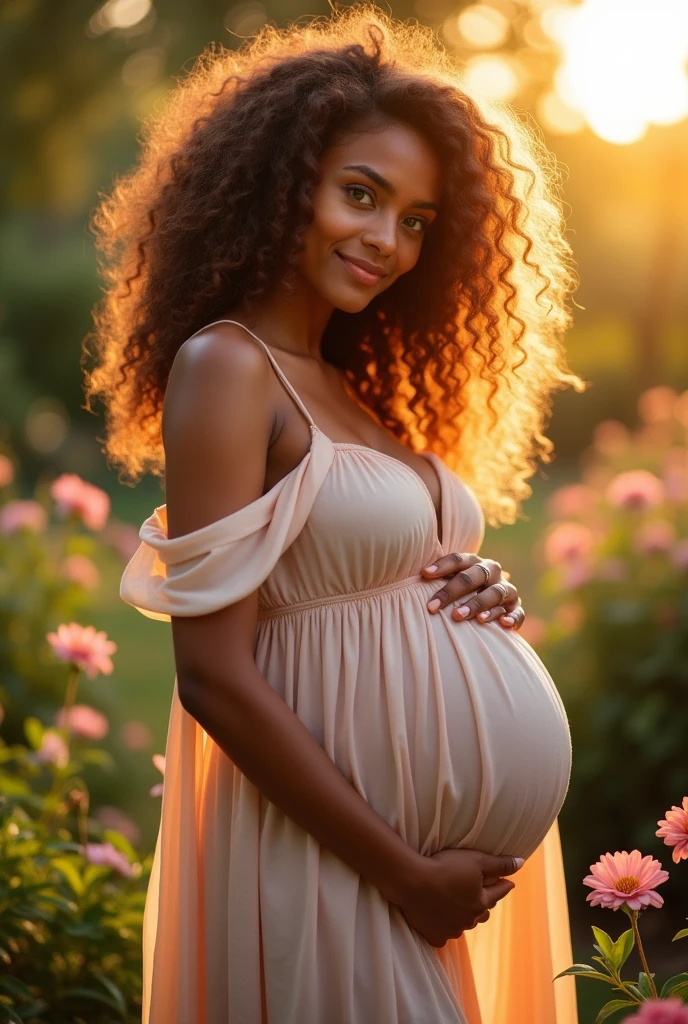 A pregnant woman with curly hair and green eyes showing her belly
