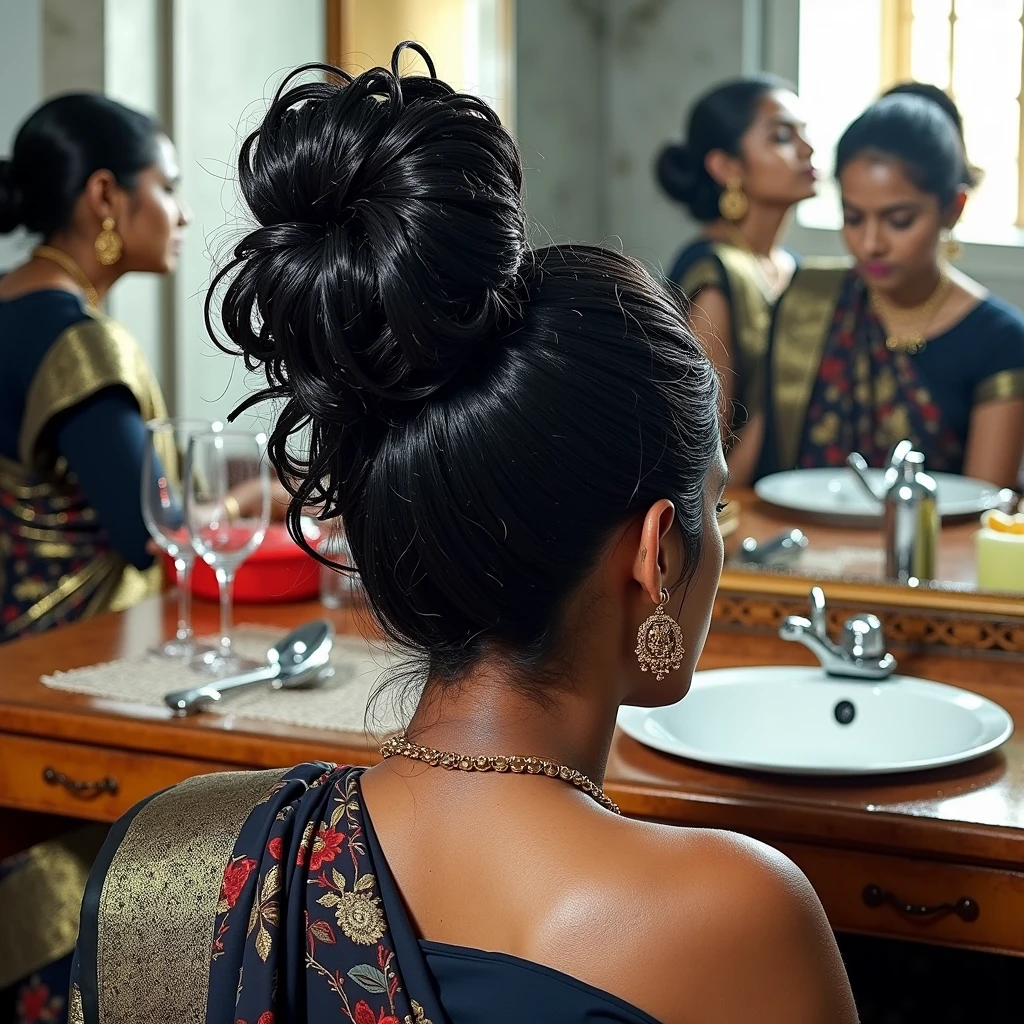 indian kali temple,three younger indian ladies in sarees,unnatural unreal wiered black hairs like black springs,hairs made up in salon exact looking like image prompt,Showered highly wet hairs,Drenched and absorbed oil in their hair,like hair flooded with 10000000000000000000000000000000000000000000 liters of oil and soaked in thier hair,hairs like water pulp,Those hairs got pulpted and makes extremely very thick hair curls like black springs on thier hairs,Their hairs got oilness,Shinning shinning and shinning like black mirrors stating big thick hairs one lady kneeled down, other two bend over and licking head scalp of kneeled lady from behind, Like they raping kneeled lady' head scalp with kissing wildly,ladies hairs are totally soaked and extrmely wet and making exactly hairs as per the image prompt