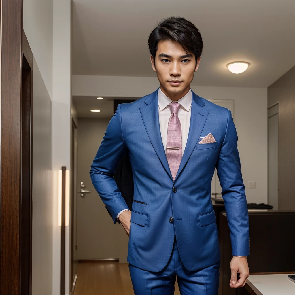 make a super handsome thai man who is in his late 20s he has a strict CEO look on his face wears a nice suit,has blue pretty eyes,is tall and has a big and very nice built 