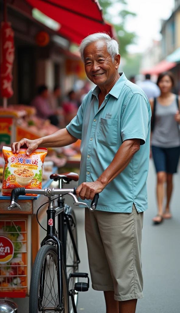 Mr. Tu is an old man over 60 years old., skinny, dark skin, short neat silver hair. He wore a light blue short-sleeved shirt., light gray khaki pants, brown rubber sandals. His face was full of wrinkles but gentle and cheerful..
Mr. Tu stood next to his bicycle, buying a 3D-shaped Hao Hao instant noodle package.