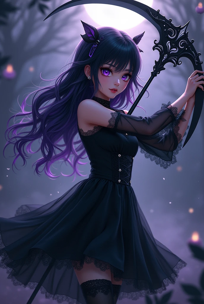 Create a cute goth-loli character with a cool aura, dressed in a flowing black dress adorned with lace and silver accents. She has long, wavy black hair with purple highlights, styled with bat-shaped hairpins. In a badass pose, she swings a large, ornate scythe, which has intricate designs and a faint glow.