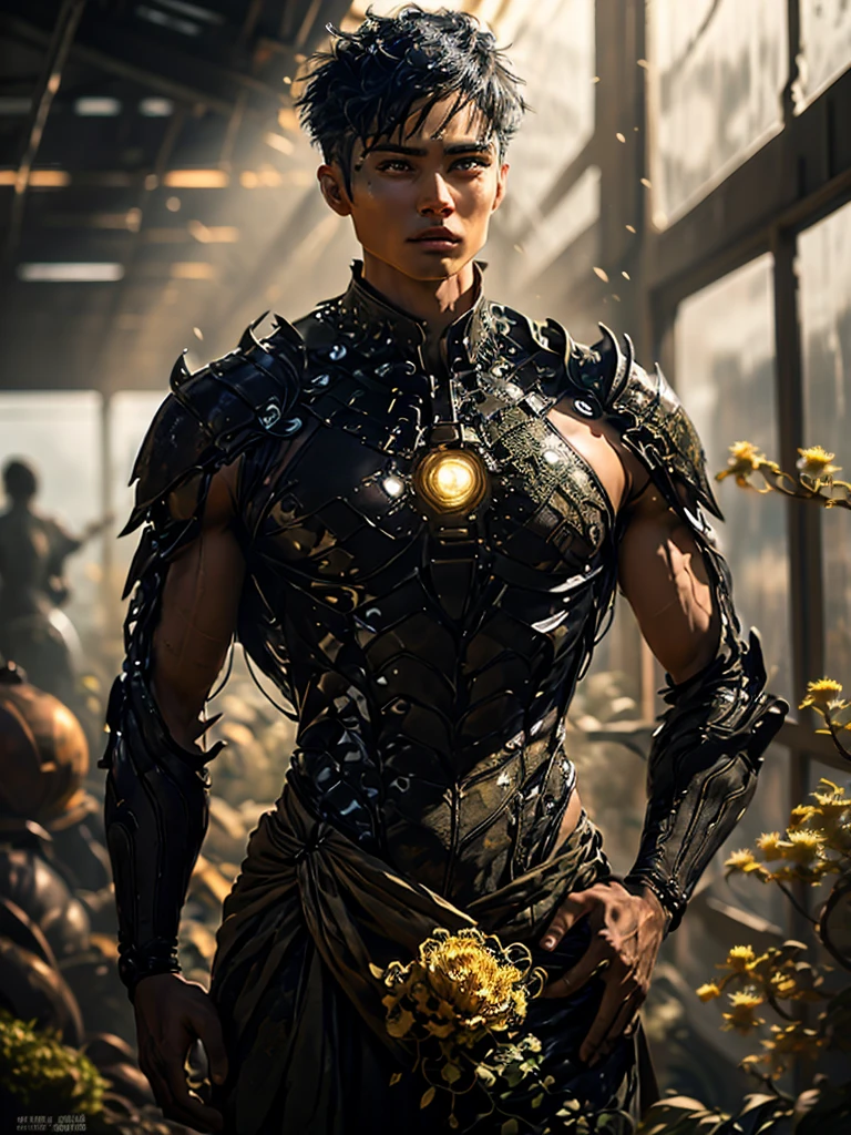 a handsome asia man with intricate mechanical body, hydraulics as a connector, detailed structure, fiber optic braided hair, holding europhia flowers, abandoned futuristic laboratory setting, filled with vines and lush green wild vegetation, a little sunlight filtering in to create a dramatic impression, perfect composition, cinematic, very detail and clear