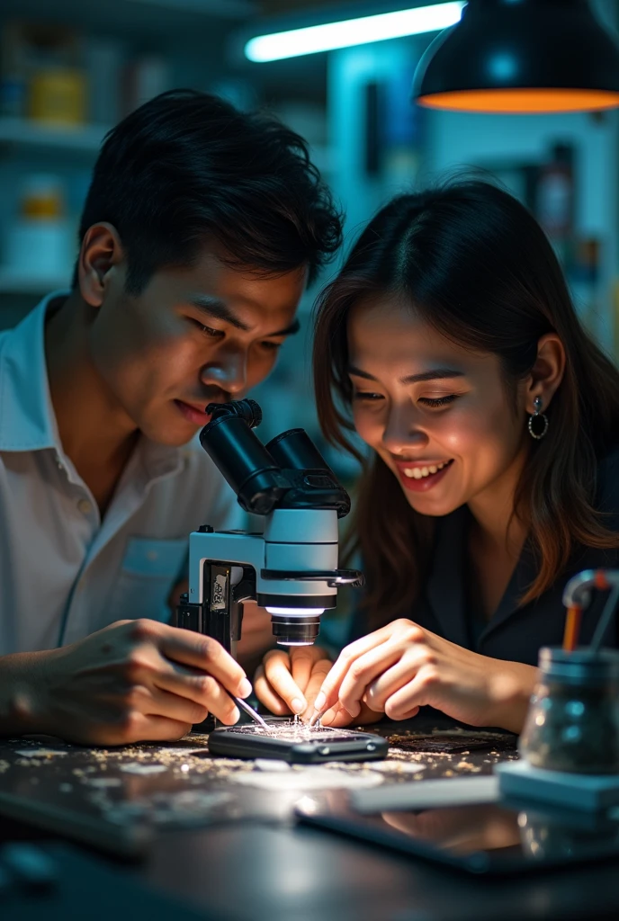 A mobile phone technician from Indonesia working with a microscope, accompanied by his beautiful wife.