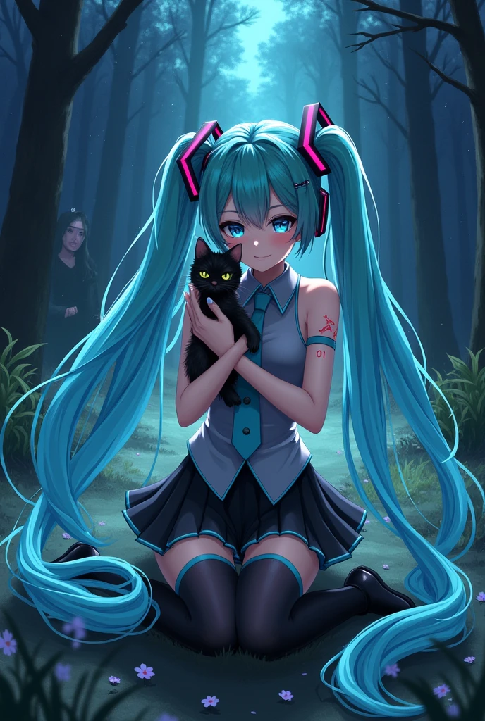 Anime art, anime style, detailed drawing, forest background, high definition, high quality, one girl, solo, Hatsune Miku, aqua hair, twin tails, headphones, small number tattoo "01" (red, located on her right hand), grey sleeveless collared shirt, black detached sleeves with aqua lines, five fingers with aqua nails, aqua necktie, black pleated mini skirt with aqua lines, zettai ryouiki, thigh-high black boots with aqua lines.

Get example from this image: https://vocaloidespanol.fandom.com/es/wiki/Hatsune_Miku?file=Hatsune_Miku.png

Miku Hatsune hugging a black cat in the night; there is witch woman following her behind