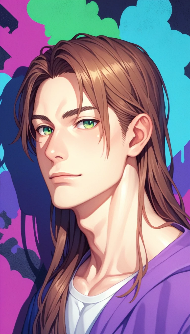 Anime Style, Wild Style, male, Reddish brown hair, Green Eyes, Long Hair, Calm. wise, Neon purple graffiti background, Utopian City, Surrealism, Expressionism, Anime Style, Cast a Shadow, Film Grain, Vignetting, silhouette, 1080P, Anatomically correct