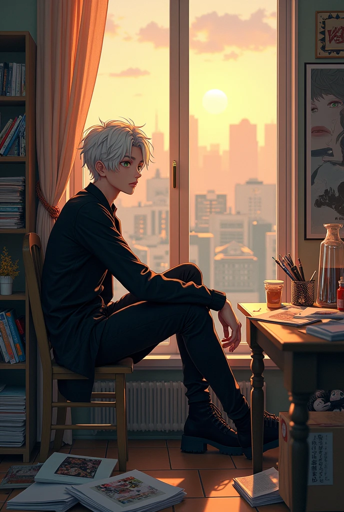 A young man with white hair and green eyes is sitting by the window, bored, wearing black clothes, anime 3d