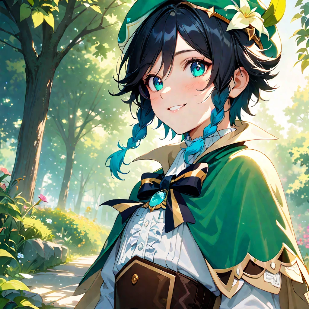 (best quality,4k,8k,highres,masterpiece:1.2),1boy,venti genshin impact,male focus,flat chest,ultra-detailed,realistic,morning of spring,sunlight reflection,delicate light rays,rich color palette,elegant curves,effects of light and shadow,subtle reflections,sparkling gemstones,flower petals falling,springtime essence,ethereal atmosphere,peaceful garden background,morning dew,soft sunlight filtering through trees,plants,komorebi,vividly colored blossoms,harmonious blend of nature and art,transcendent beauty,awe-inspiring artwork,white long-sleeved shirt, brown corset,green shorts, white tights,green cape,hat,brooch,green eyes, smile,cinematic lighting, ray tracing, UHD, high details, high quality, award winning, super detail, 