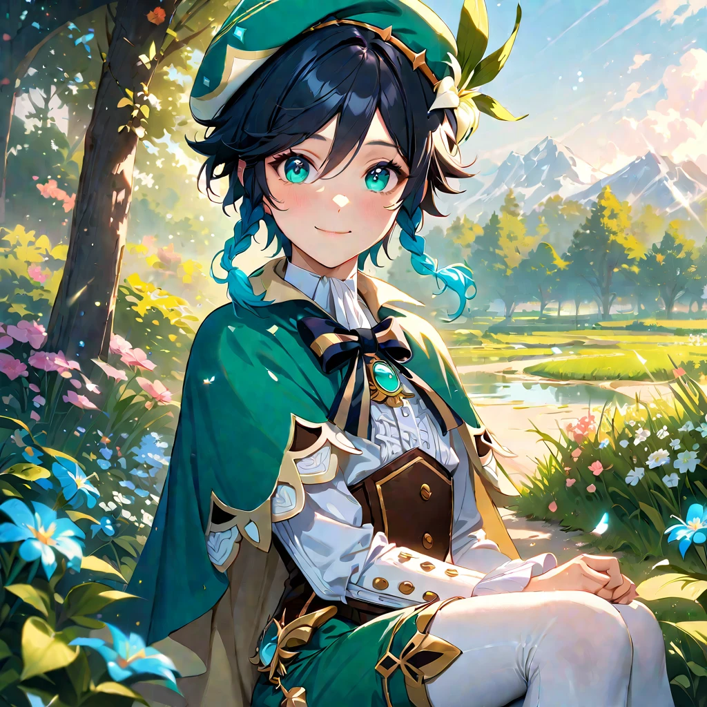 (best quality,4k,8k,highres,masterpiece:1.2),1boy,venti genshin impact,male focus,flat chest,ultra-detailed,realistic,morning of spring,sunlight reflection,delicate light rays,rich color palette,elegant curves,effects of light and shadow,subtle reflections,sparkling gemstones,flower petals falling,springtime essence,ethereal atmosphere,peaceful garden background,morning dew,soft sunlight filtering through trees,plants,komorebi,vividly colored blossoms,harmonious blend of nature and art,transcendent beauty,awe-inspiring artwork,white long-sleeved shirt, brown corset,green shorts, white tights,green cape,hat,brooch,green eyes, smile,cinematic lighting, ray tracing, UHD, high details, high quality, award winning, super detail, 